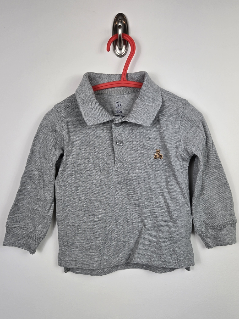 Baby Gap Gray Long Sleeve Polo Shirt Bear Logo 12-18M Preppy